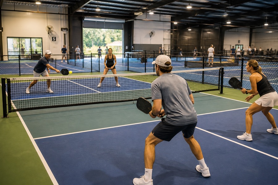 Indoor hall with several pickleball courts